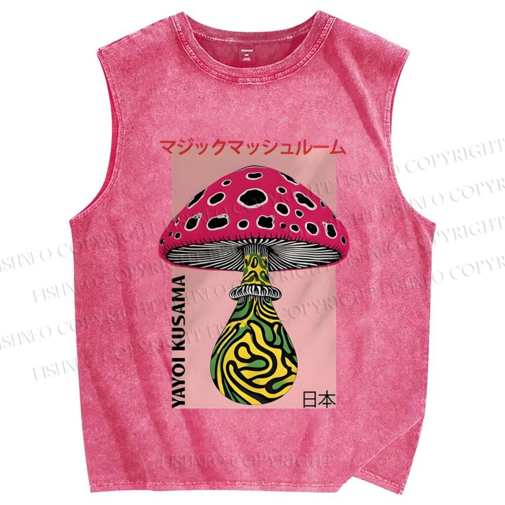 Unisex Japanese Yayoi Kusama Mushrooms Printed Washed Tank Top