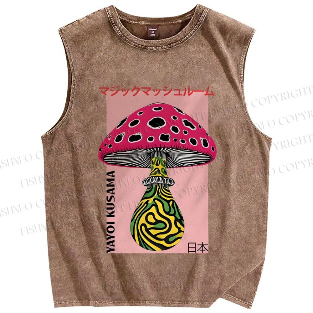 Unisex Japanese Yayoi Kusama Mushrooms Printed Washed Tank Top