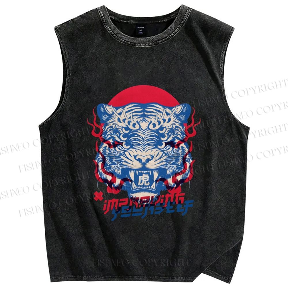 Unisex Vintage Tiger Printed Washed Tank Top
