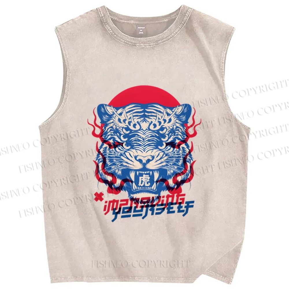 Unisex Vintage Tiger Printed Washed Tank Top