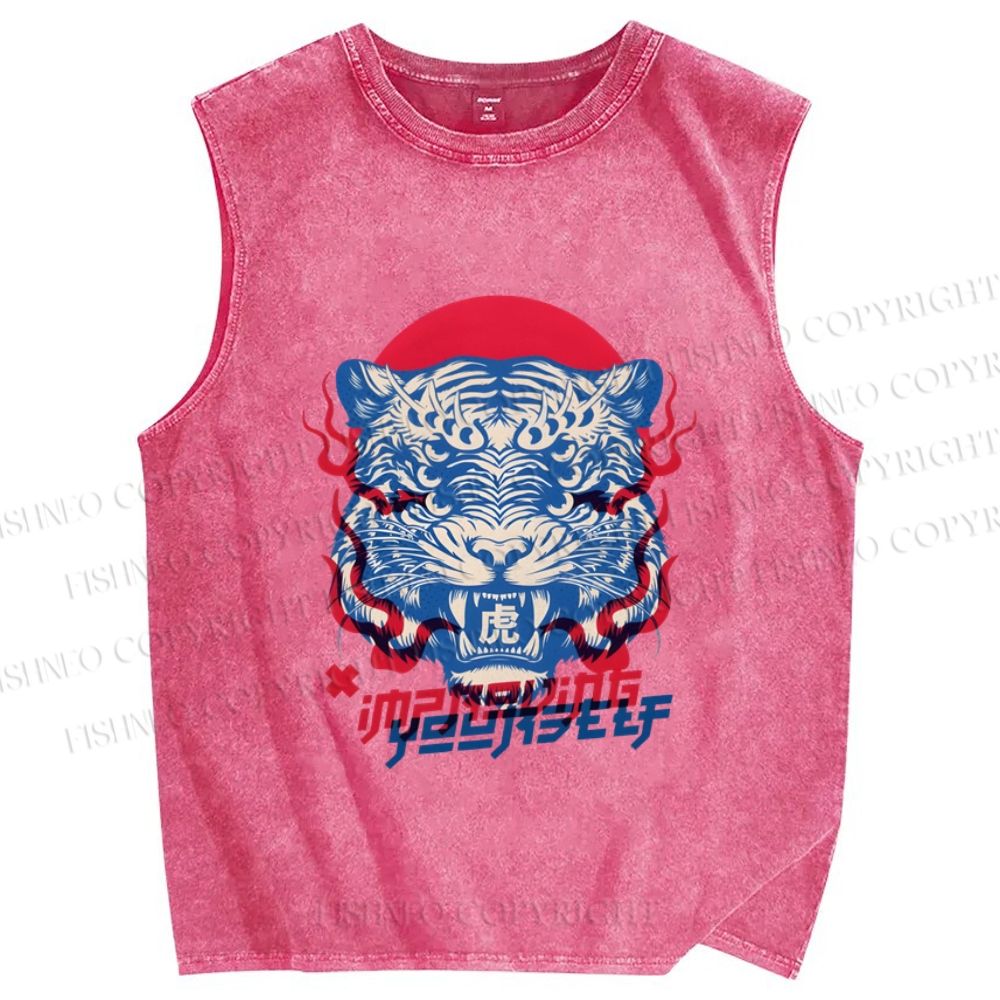 Unisex Vintage Tiger Printed Washed Tank Top