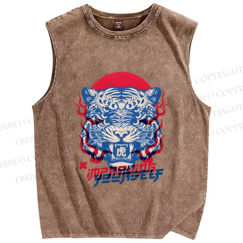 Unisex Vintage Tiger Printed Washed Tank Top