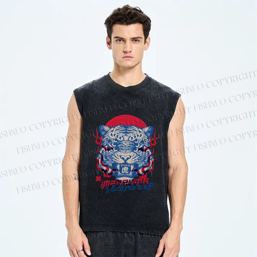 Unisex Vintage Tiger Printed Washed Tank Top
