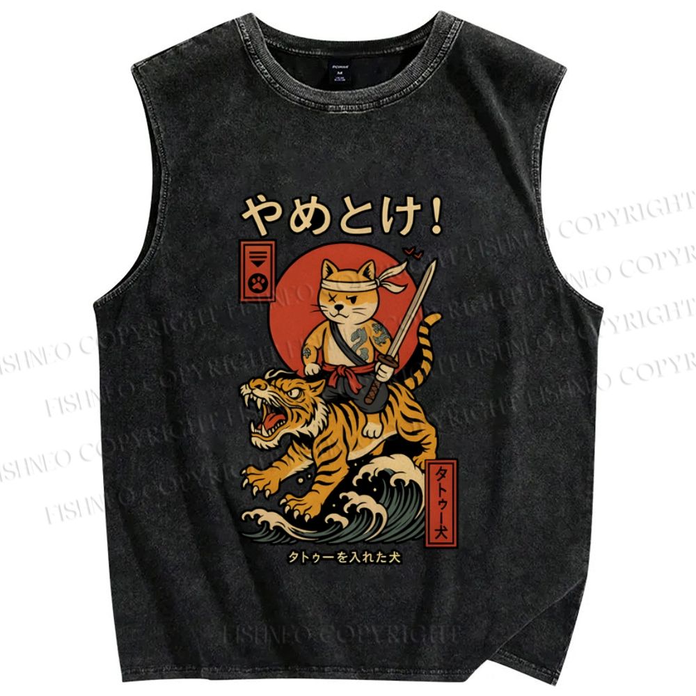 Unisex Vintage Japanese Dog Tiger Printed Washed Tank Top