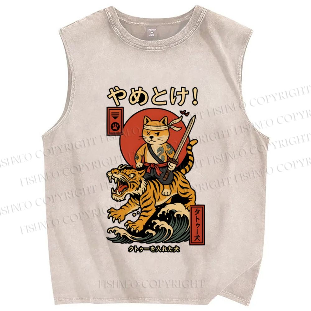 Unisex Vintage Japanese Dog Tiger Printed Washed Tank Top
