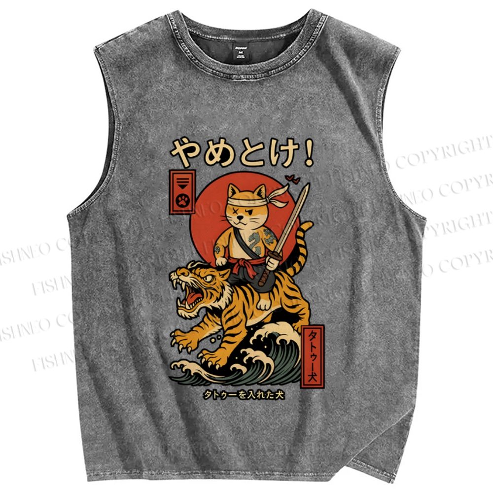 Unisex Vintage Japanese Dog Tiger Printed Washed Tank Top