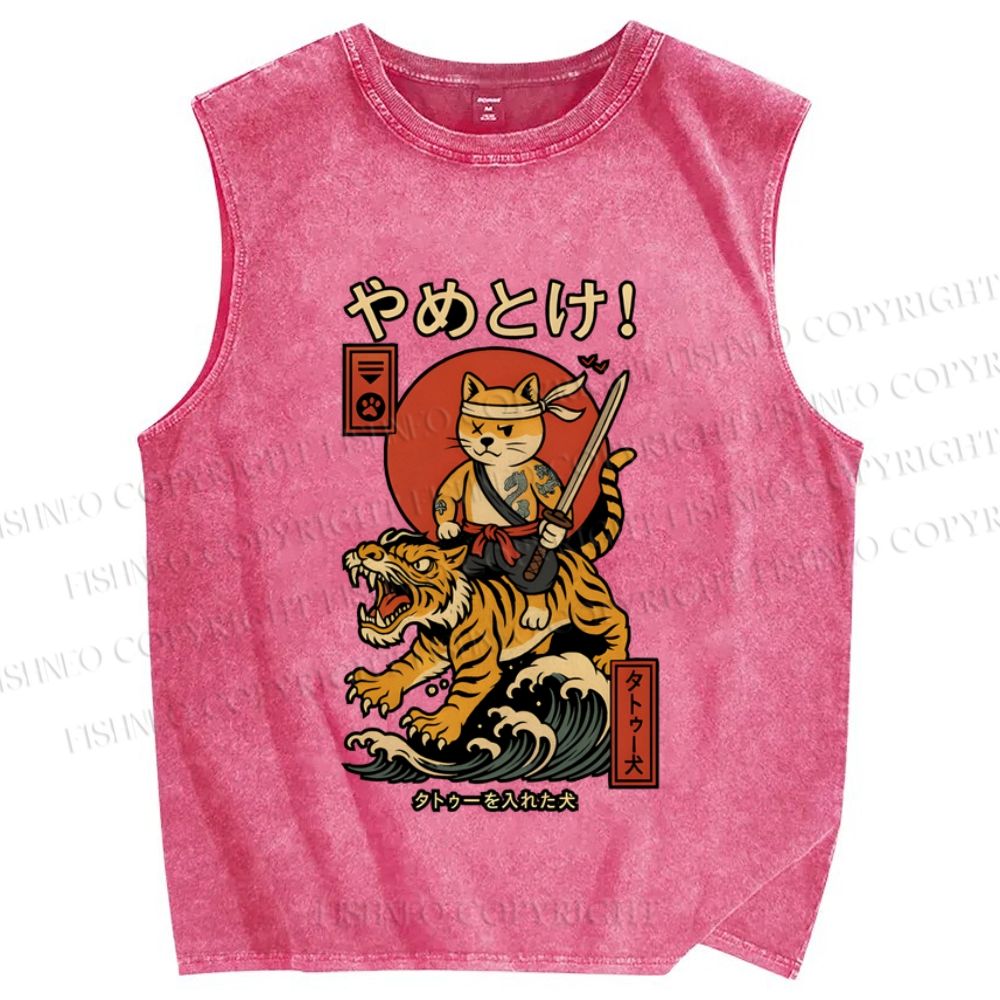 Unisex Vintage Japanese Dog Tiger Printed Washed Tank Top