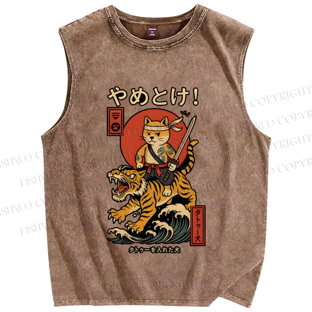 Unisex Vintage Japanese Dog Tiger Printed Washed Tank Top