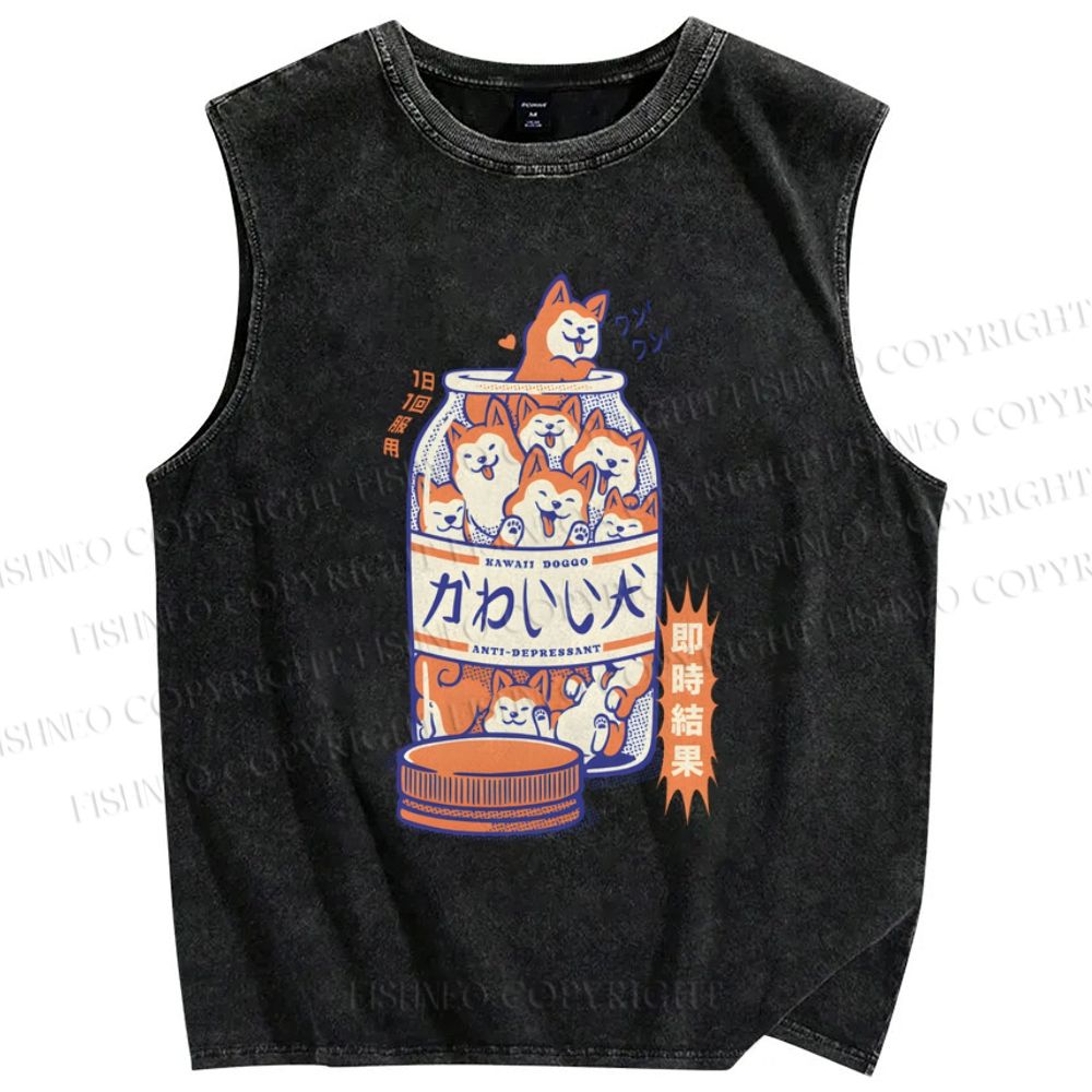 Unisex Cartoon Dog Printed Washed Tank Top