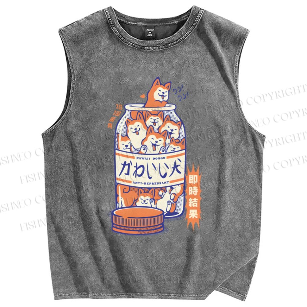 Unisex Cartoon Dog Printed Washed Tank Top