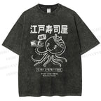 Unisex Edo Sushi Bar Octopus Printed Washed Tee