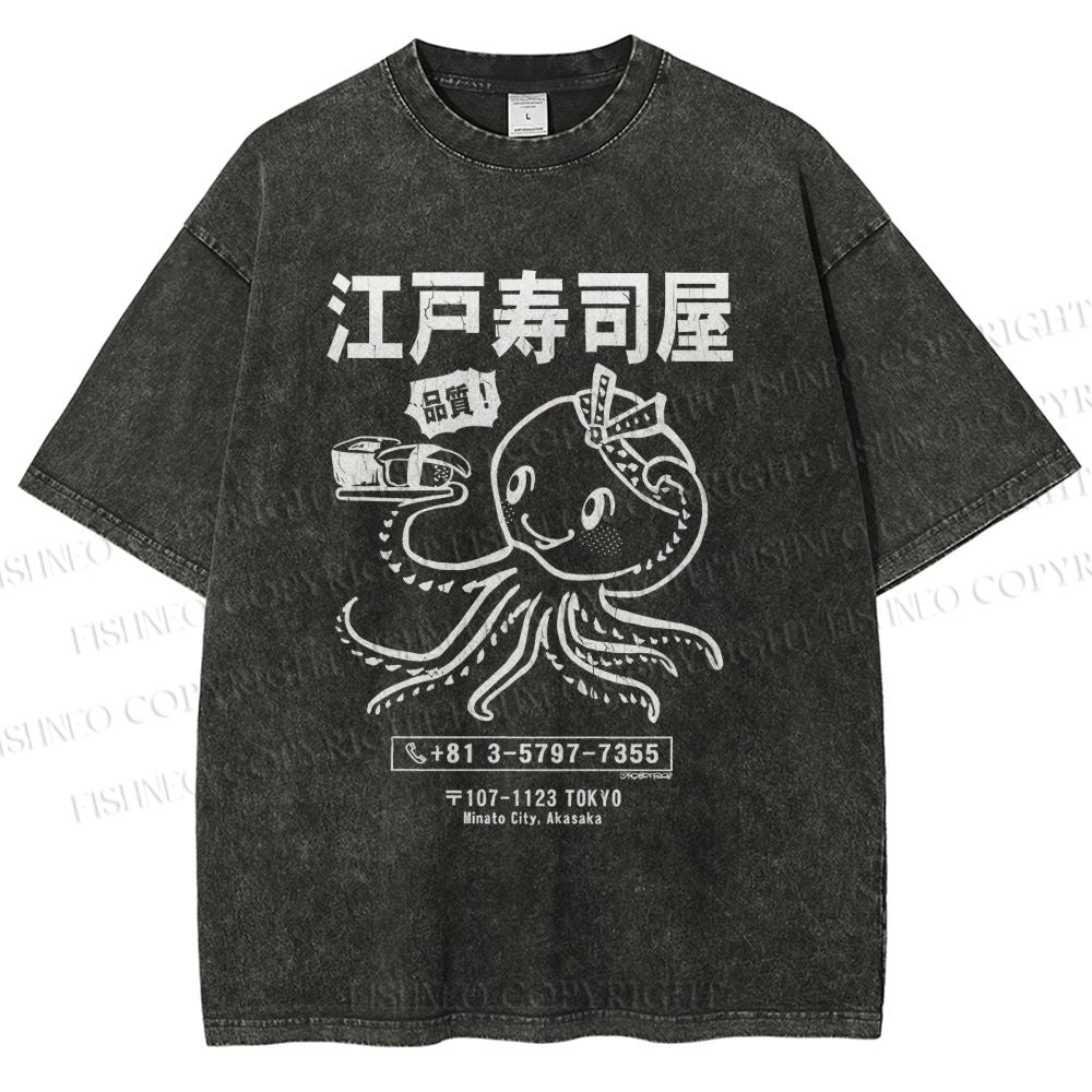 Unisex Edo Sushi Bar Octopus Printed Washed Tee