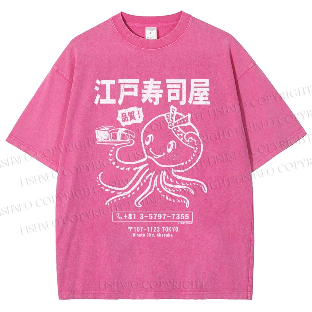 Unisex Edo Sushi Bar Octopus Printed Washed Tee