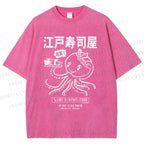 Unisex Edo Sushi Bar Octopus Printed Washed Tee