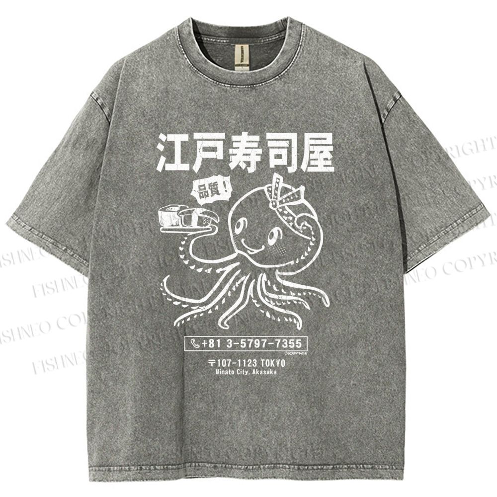 Unisex Edo Sushi Bar Octopus Printed Washed Tee