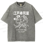 Unisex Edo Sushi Bar Octopus Printed Washed Tee