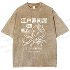 Unisex Edo Sushi Bar Octopus Printed Washed Tee