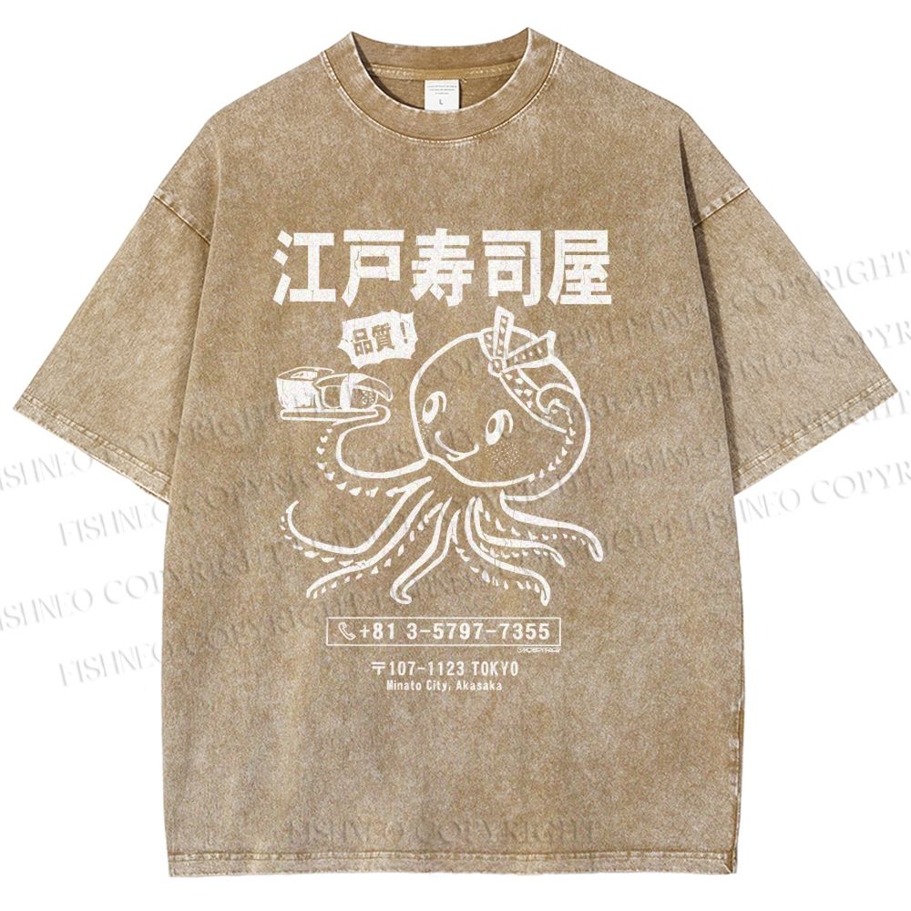 Unisex Edo Sushi Bar Octopus Printed Washed Tee