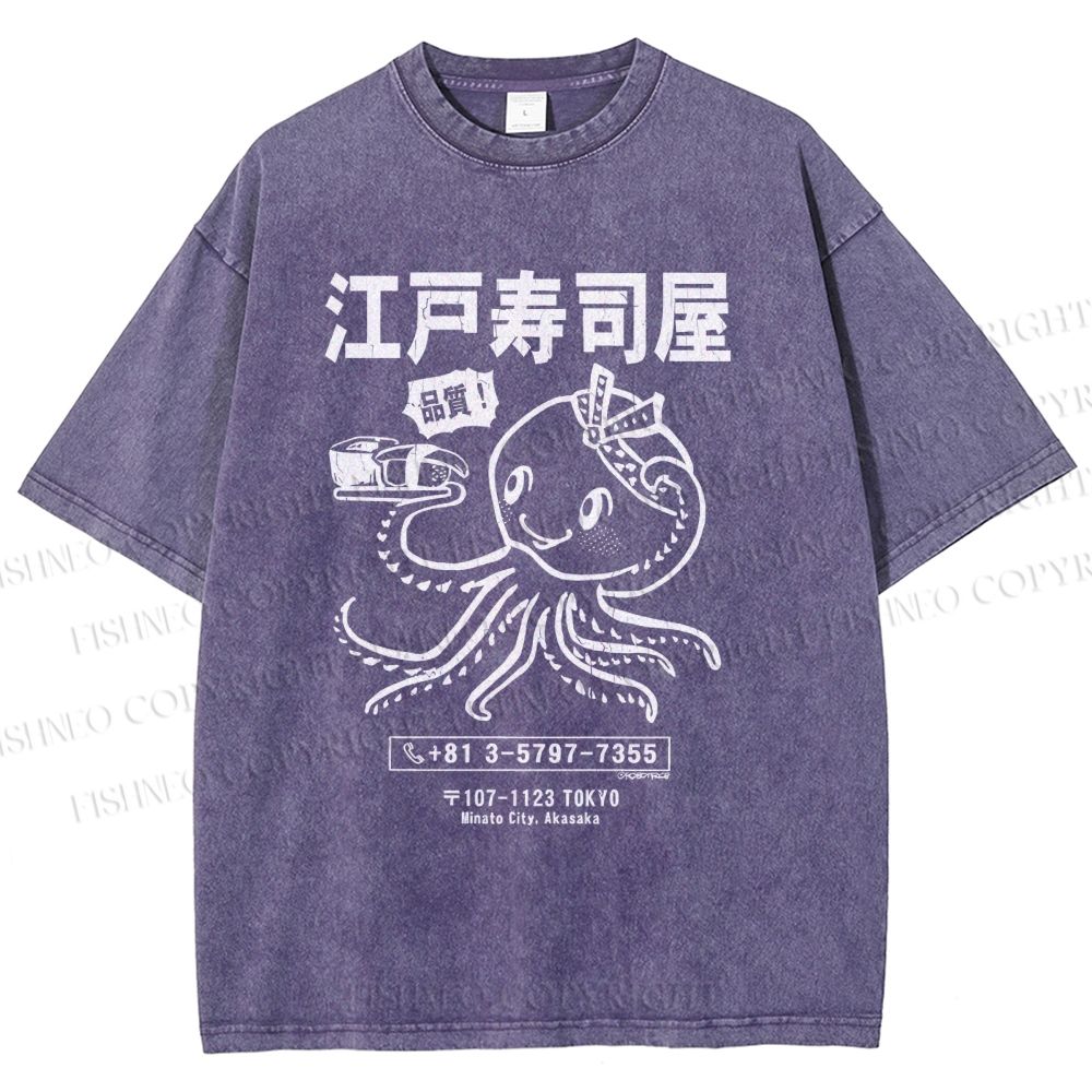 Unisex Edo Sushi Bar Octopus Printed Washed Tee