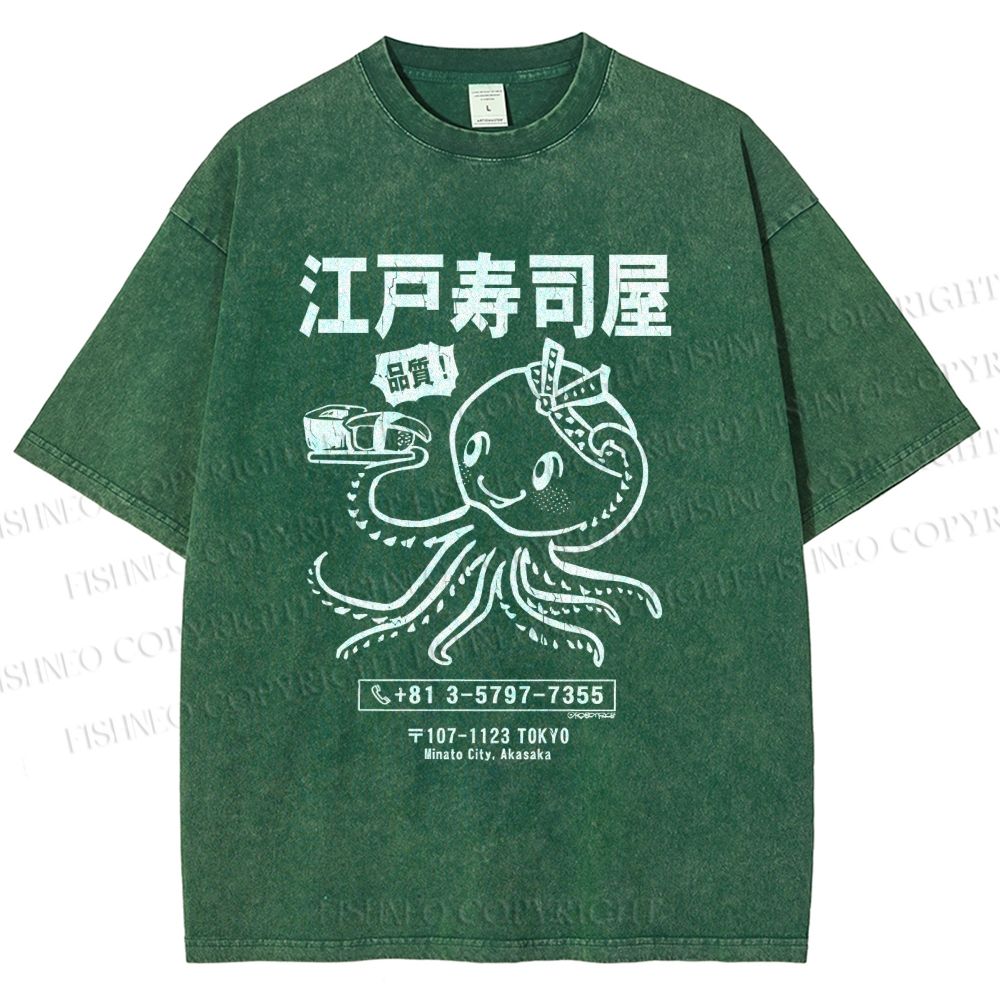 Unisex Edo Sushi Bar Octopus Printed Washed Tee