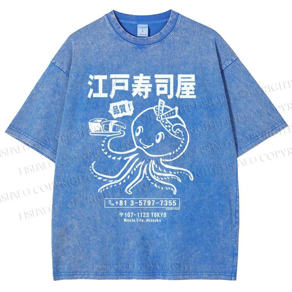 Unisex Edo Sushi Bar Octopus Printed Washed Tee