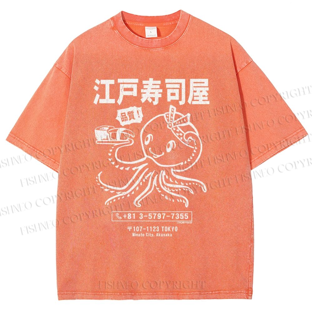 Unisex Edo Sushi Bar Octopus Printed Washed Tee