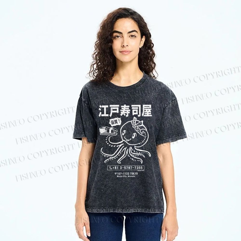 Unisex Edo Sushi Bar Octopus Printed Washed Tee
