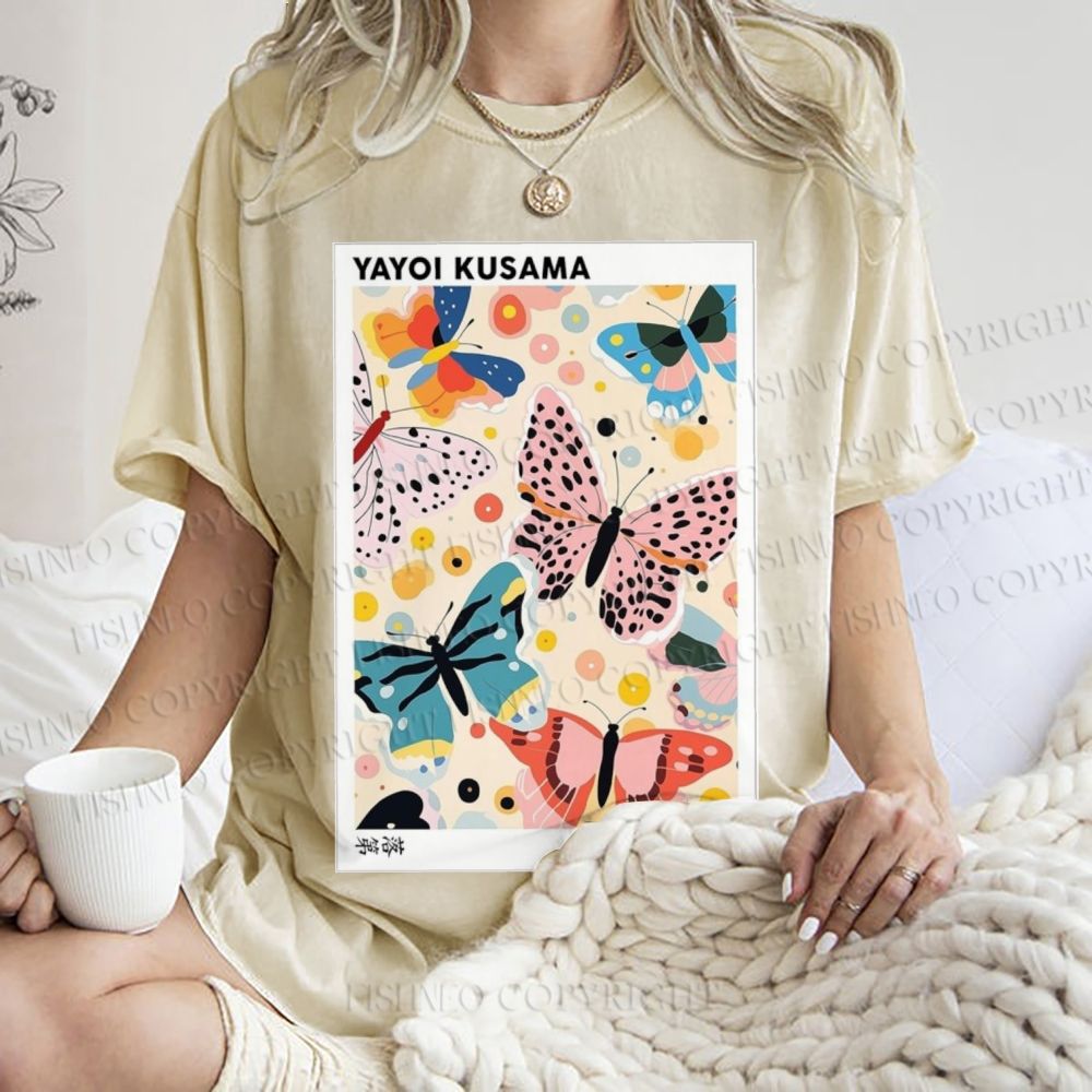 Unisex Yayoi Kusama Butterfly Printed Washed Tee