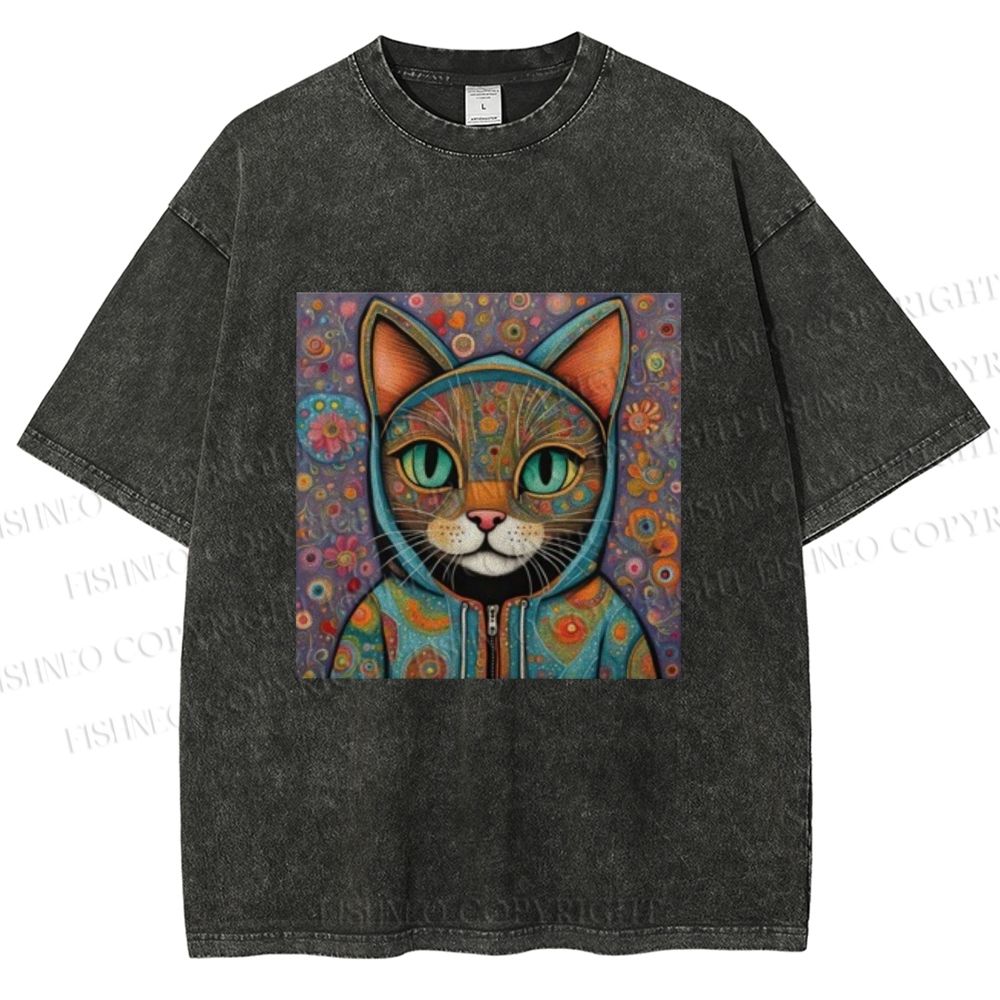 Unisex Cat Flower Printed Washed Tee