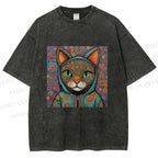 Unisex Cat Flower Printed Washed Tee