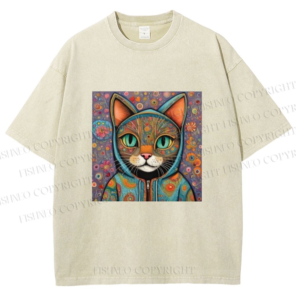 Unisex Cat Flower Printed Washed Tee