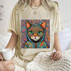 Unisex Cat Flower Printed Washed Tee