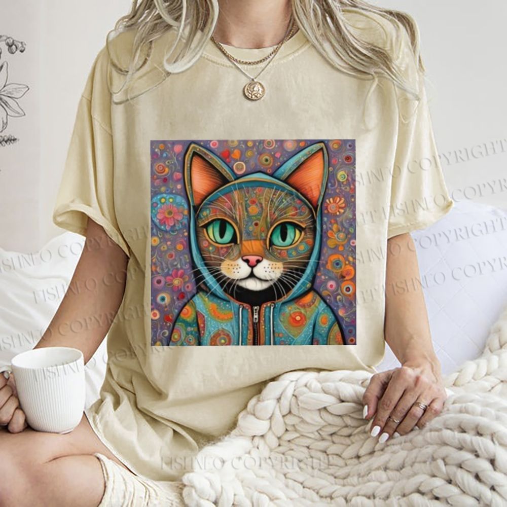 Unisex Cat Flower Printed Washed Tee