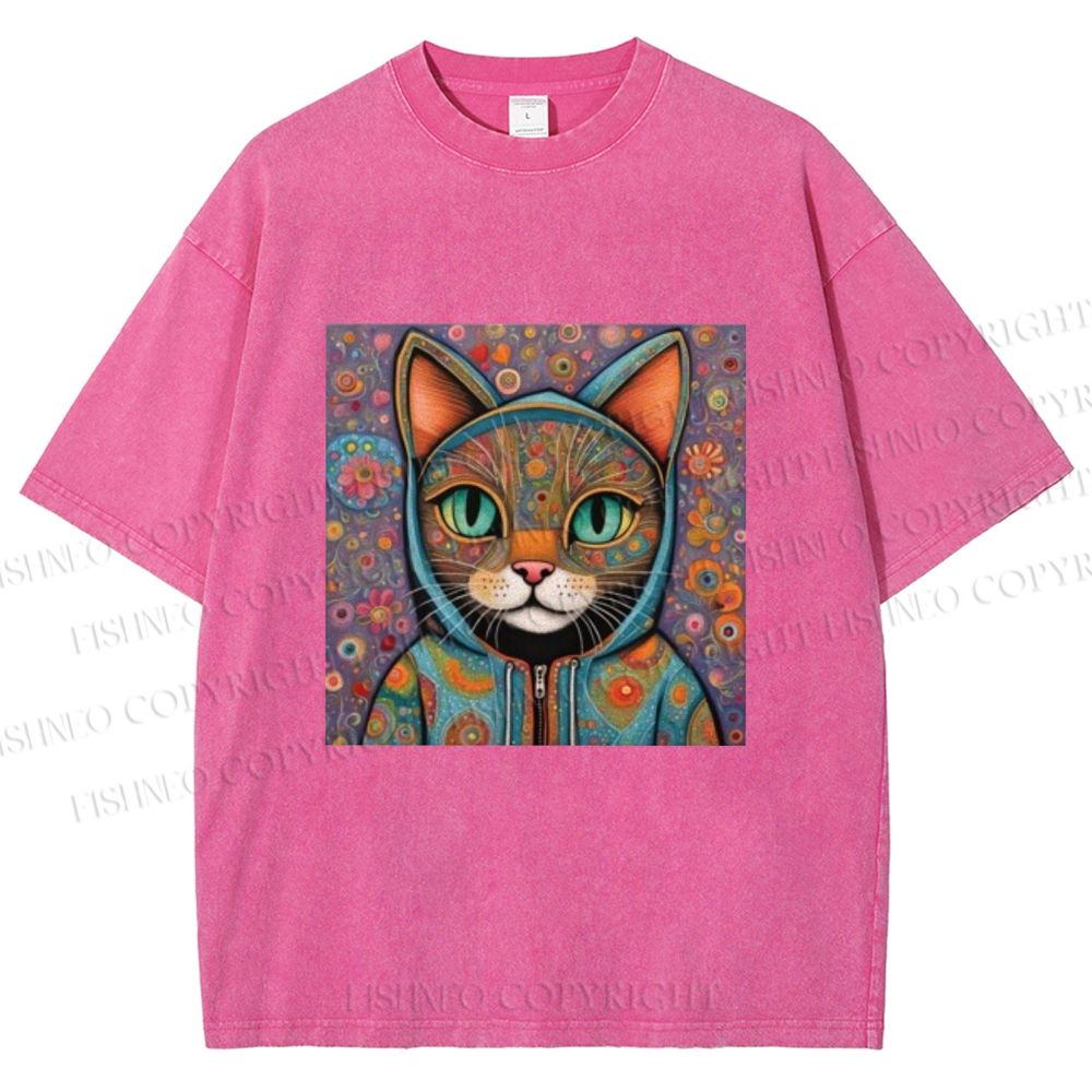 Unisex Cat Flower Printed Washed Tee