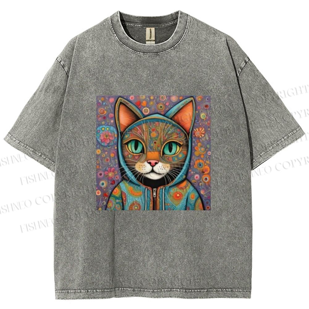 Unisex Cat Flower Printed Washed Tee
