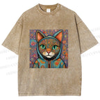Unisex Cat Flower Printed Washed Tee