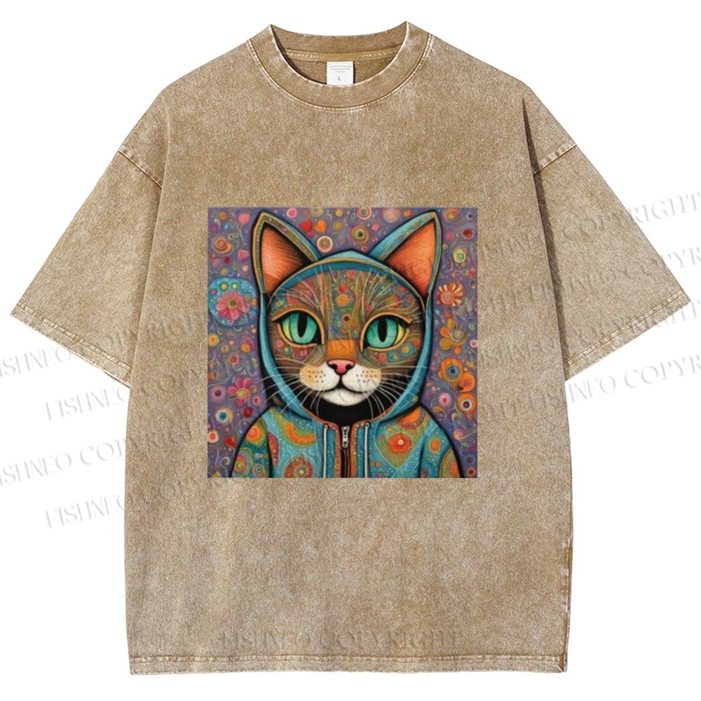 Unisex Cat Flower Printed Washed Tee
