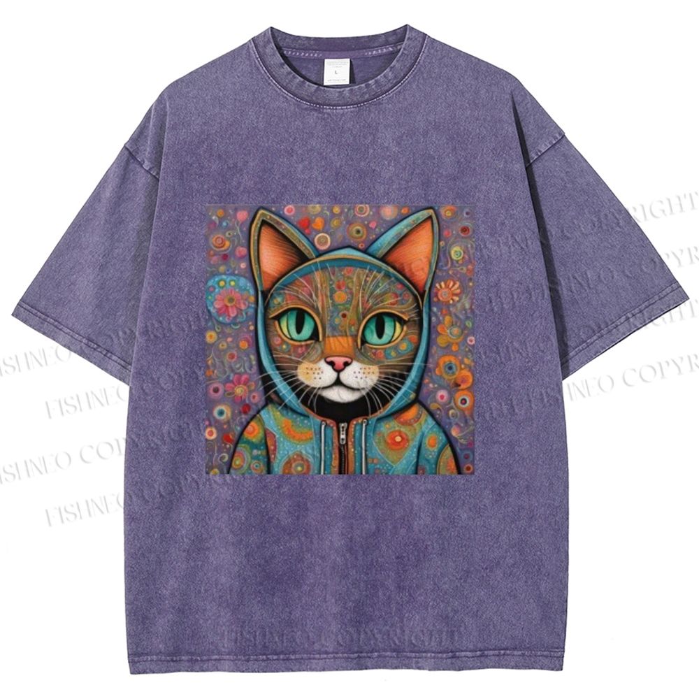 Unisex Cat Flower Printed Washed Tee