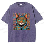 Unisex Cat Flower Printed Washed Tee