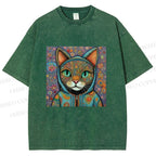 Unisex Cat Flower Printed Washed Tee