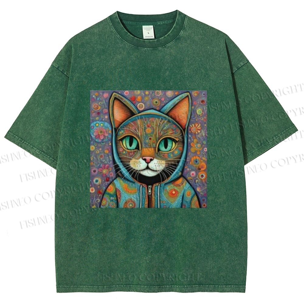 Unisex Cat Flower Printed Washed Tee
