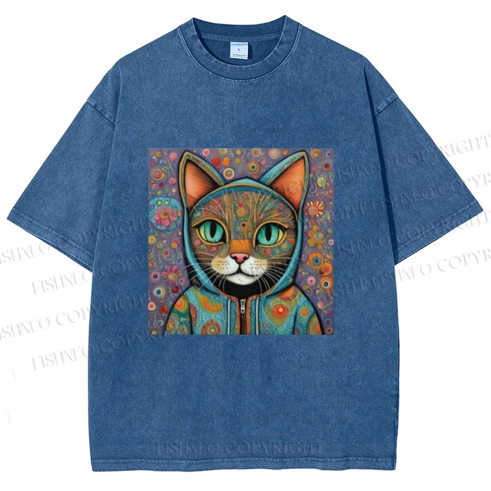 Unisex Cat Flower Printed Washed Tee