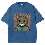 Unisex Cat Flower Printed Washed Tee