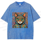 Unisex Cat Flower Printed Washed Tee