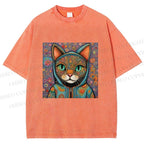 Unisex Cat Flower Printed Washed Tee