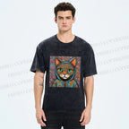 Unisex Cat Flower Printed Washed Tee