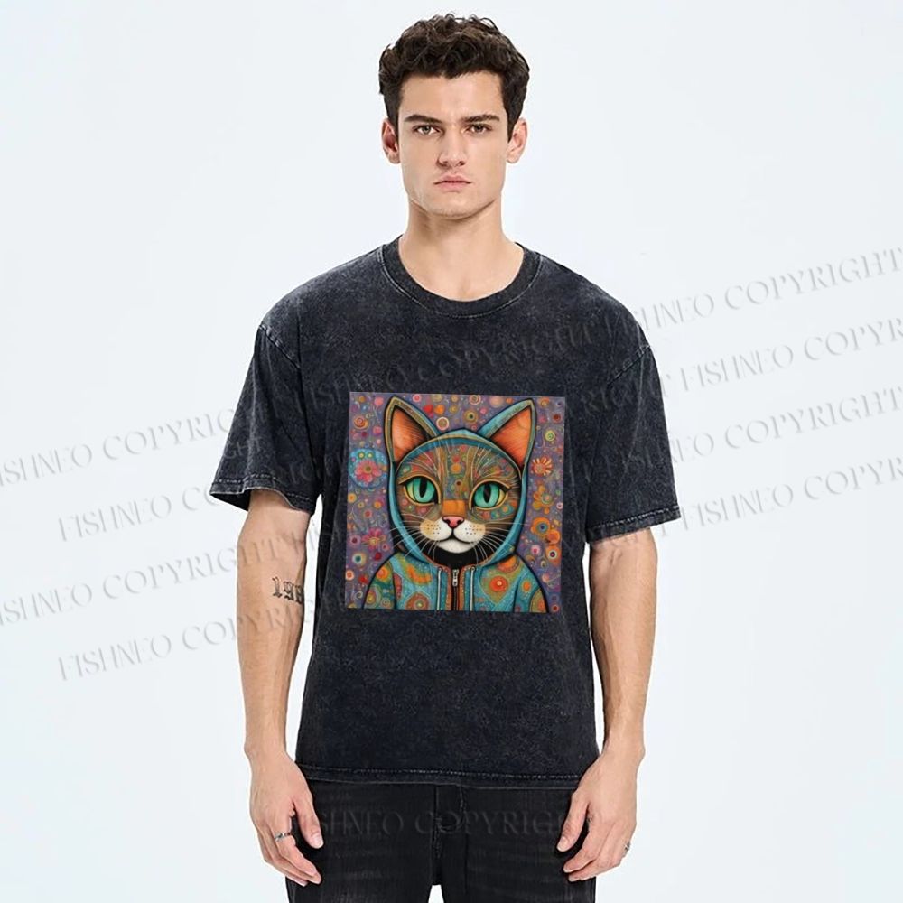 Unisex Cat Flower Printed Washed Tee