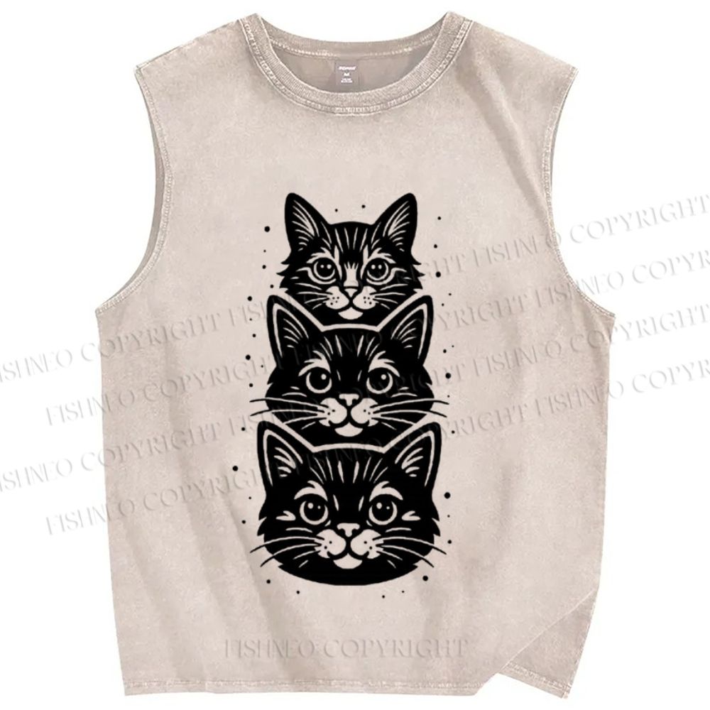 Unisex Black Cat Printed Washed Tank Top