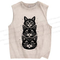 Unisex Black Cat Printed Washed Tank Top
