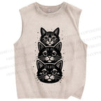 Unisex Black Cat Printed Washed Tank Top